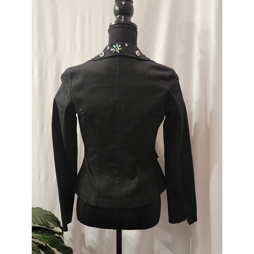 Zoompy Vintage Black Embellished Blazer Jacket Small Floral Beaded Rosette